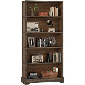 TVU 5-Tier Solid Wood Book Shelf, Floor Standing Bookcase, 65" H 31.5" W 11.8" D Bookshelf, Farmhouse Style Book Case with Arched Base, Suitable for Living Room, Study, Office, Walnut