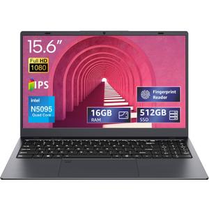 15.6-inch, 16GB RAM, 512GB SSD, FHD IPS Display Laptop Computer, N5095 Quad Core, 2.4/5G WiFi, BT4.2 Backlit and Fingerprint, Lightweight and Portable (Gray)