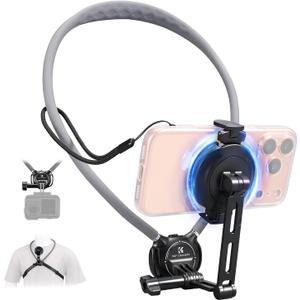 K&F CONCEPT Neck Phone Holder, 2-in-1 Magnetic & Clip-on Phone Neck Holder, POV Phone Holder, Hand Free Chest Stand Compatible with iPhone 17-12 Seires Android Phones