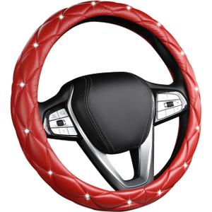 Bling Car Steering Wheel Cover, 15 Inch Non-Slip Soft Leather Auto Wheel Cover, Crystal Rhinestone Steering Wheel Cover for Women Girls, Universal Decor Car Accessories (Red)