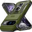 DEERLAMN Case for Google Pixel 10/10 Pro with Slide Camera Cover+Screen Protector(1 Pack), Rotated Ring Kickstand Military Grade Shockproof Protective Cover-Olive Green