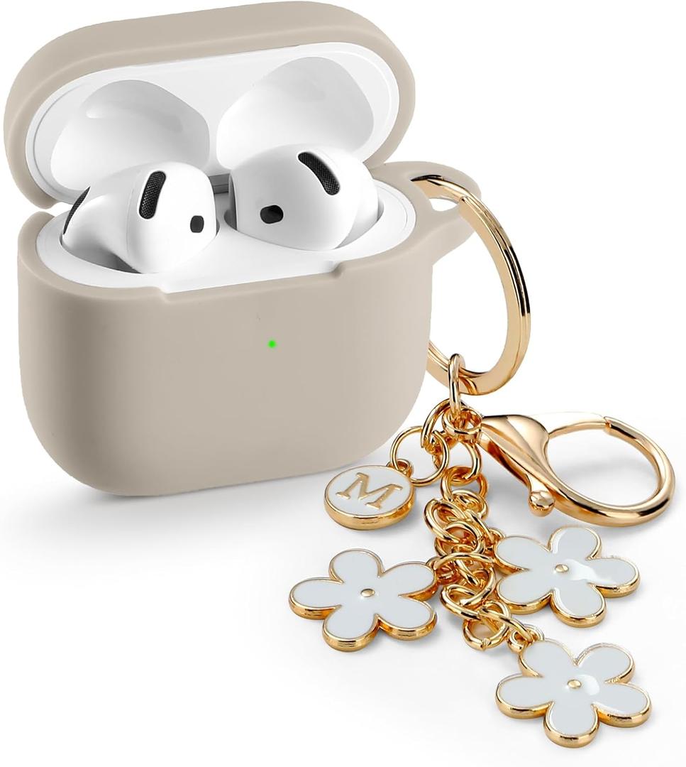 Maxjoy for Apple Airpods 4th Generation Case Cover(2024), Silicone Case with Cherry Blossom Ornament Keychain Compatible with Airpods 4 case for Women,Men-Starlight