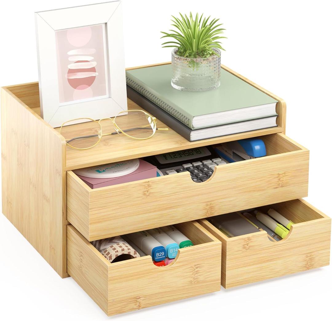 Wisuce Bamboo Desk Organizer - Mini Bamboo Desk Drawer Tabletop Cosmetic Storage Organization for Office or Home (Nature 3 Drawers)