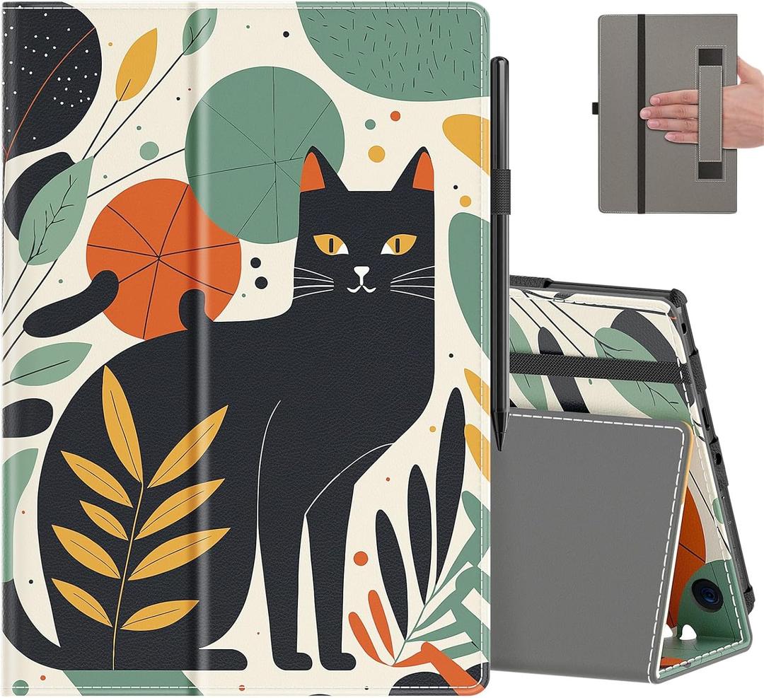 COOWPS Case for All-New Amazon Fire HD 10 Tablet (13th/11th Generation, 2023/2021 Release) 10.1" - Slim Folding Stand Cover with Auto Wake/Sleep, Hand Strap & Stylus Pen Holder, Black Cat