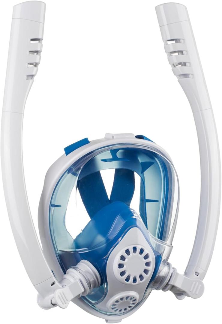 Adult Full Face Snorkel Mask, Waterproof Dual Breathing Tubes, Patented Design, Breathing Through The Nose, Professional Snorkeling Gear for Vacation, Mountable Action Camera (Small-Medium, Blue-White)