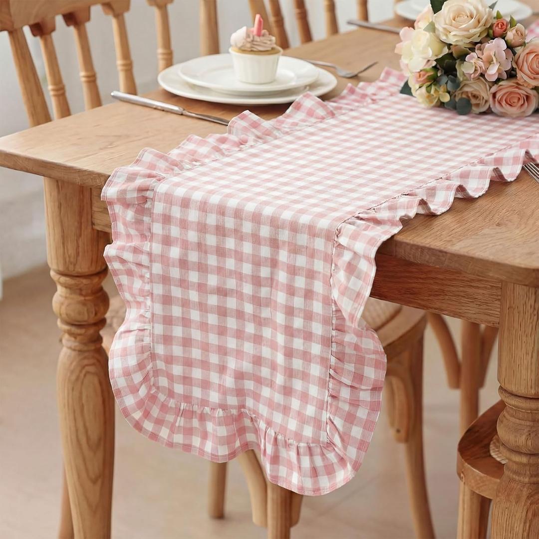 HunnmingRe 1 Pcs Light Pink Plaid Gingham Ruffle Table Runner 72 x 13.8'' Farmhouse Table Runner 100% Cotton Scalloped Long Dresser Scarves for Mothers Day, Dining Room, Wedding, Rustic Home Decor