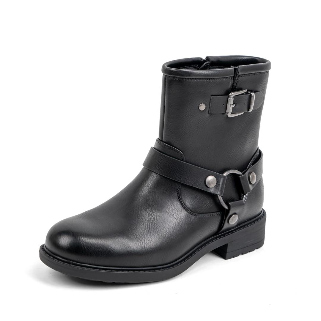 VJH confort Women's Ankle Boots Comfortable Low Chunky Heel Round Toe Buckle Fashion Booties with Zipper Size 8.5