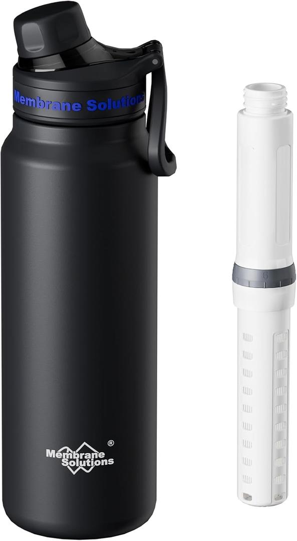 Membrane Solutions C3 Filtered Water Bottle, 32oz Stainless Steel Water Bottle with Replaceable Filter Cartridge, Portable Water Filter, Travel, Hiking & Camping for Drinking Water(Black)