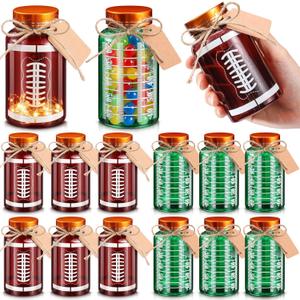 12 Sets Football Party Favors Football Mason Jar decoration Brown Green Plastic Bottle with Cards Stickers Senior Night Gifts for Team Favors Sports Party Decorations