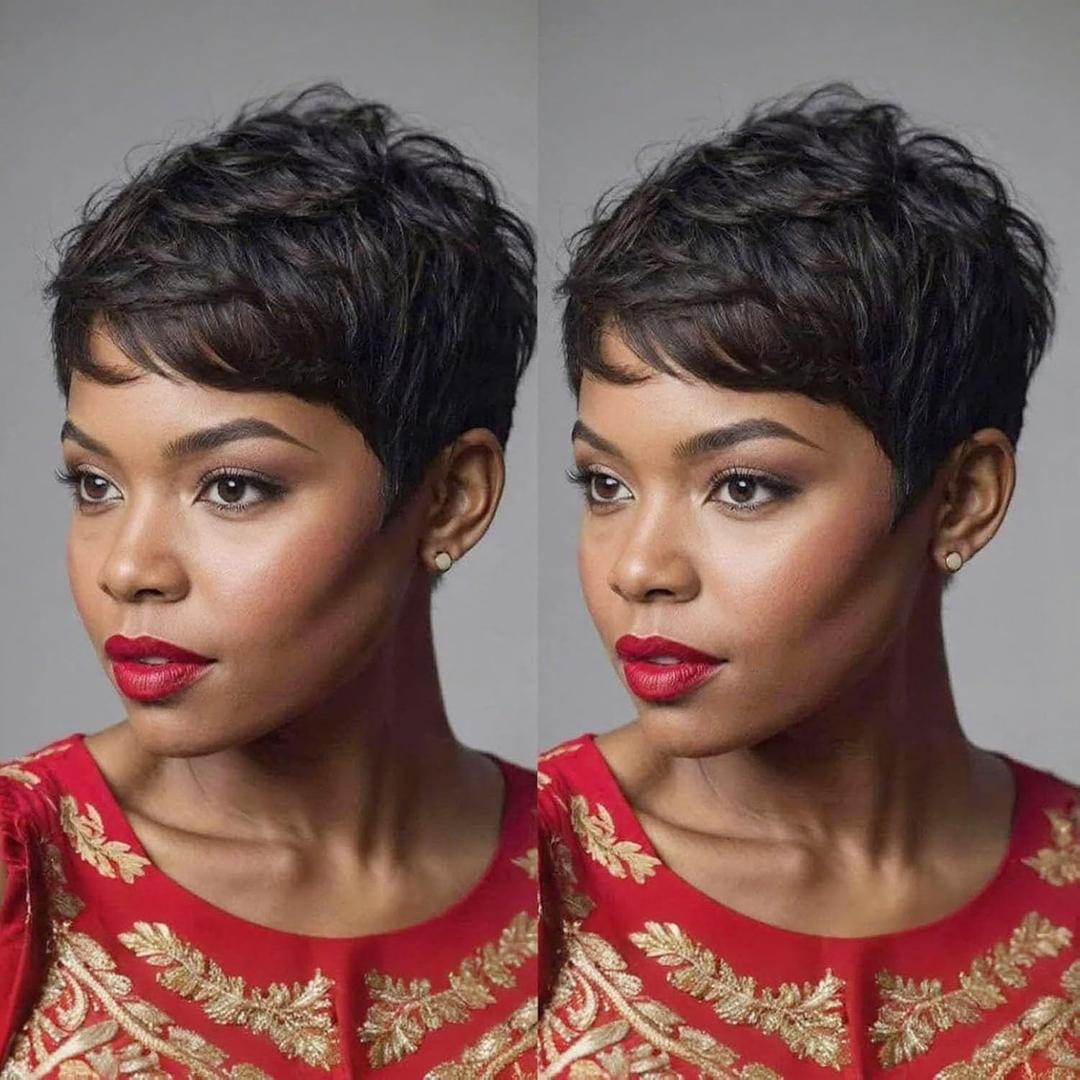 Pixie Cut Wigs Human Hair Short Wigs for Black Women Human Hair Pixie wig with Bangs Short Black Wig Color 028 (P#28S#1B Crisp Black)