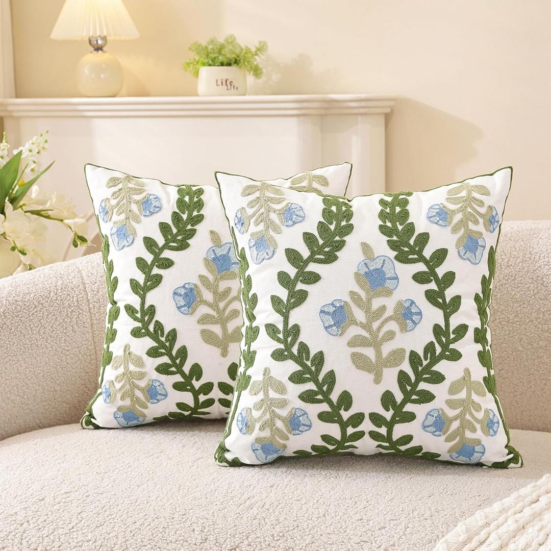TAOSON Pack of 2,Blue Flowers Green Vines Patterned Embroidered Throw Pillow Cover,Cotton Cushion Covers, Spring Farmhouse Decor, Valentine's Day Gift Square Farmhouse Floral Pillow Case 20" x20"