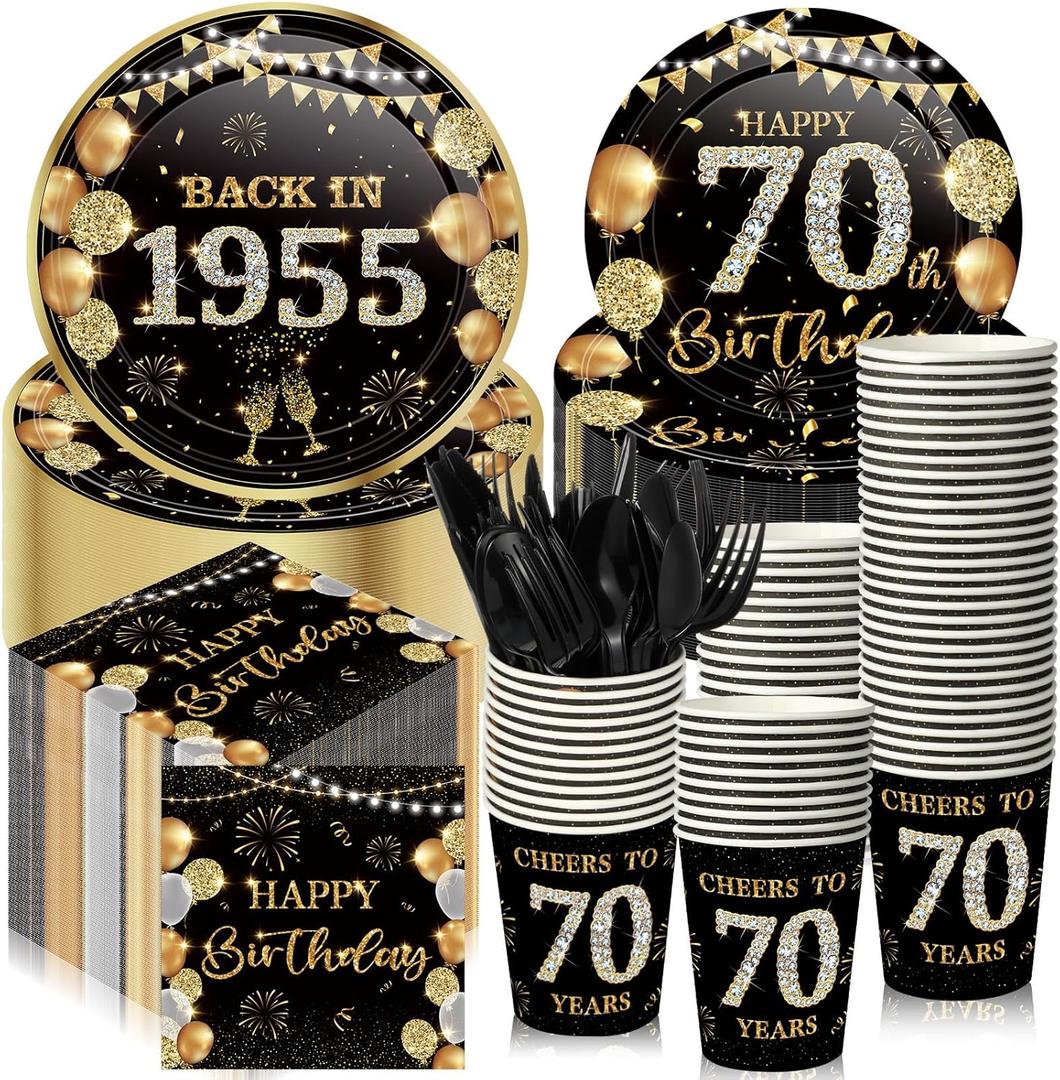 240 Pcs 70th Birthday Decorations Birthday Party Tableware Include Plates Napkins 9oz Cups Cutlery Anniversary Dinnerware Party Supplies for Men Women Him Her, Serve 30 Guests (Black Gold)