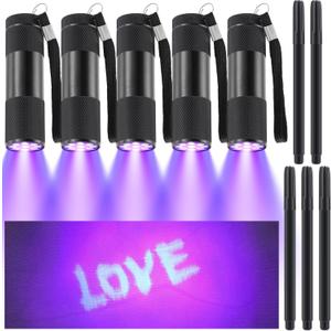 Tegeme 10 Pcs Blacklight Pen Set 5 Invisible Ink Pen 5 Blacklight Flashlights, UV Pen Invisible Ink Marker Black Light Markers for Spy Secret Holiday Gift Party Favors(Classic)