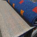 Blue Rug with Red and Orange Squares, 6 feet by 2 feet