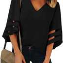 Utyful Dressy Tops for Women Women's Summer Casual V Neck Mesh Panel 3/4 Bell Sleeve Loose Blouse Top, L