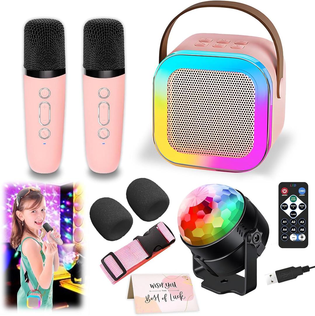 Karaoke Machine for Kids, Portable Bluetooth Speaker with 2 Wireless Microphones, 1 Disco Ball Strobe Lamp 7 Modes Stage Light for Home Room Dance Parties Birthday (pink)