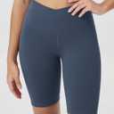 ODODOS Women's Crossover Yoga Shorts with Back Pocket, 8" Buttery Soft V High Waist Lounge Biker Shorts, Ink Blue, Small (Blue, S)