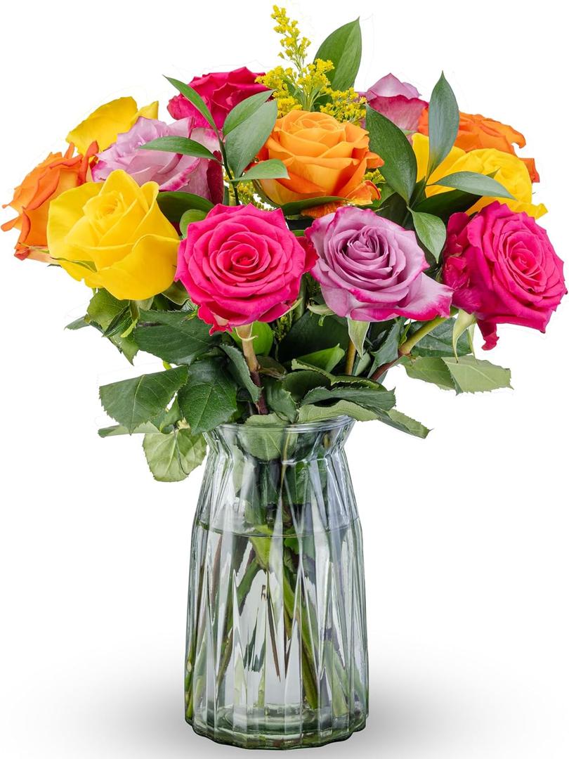 Benchmark Bouquets - Roses Bouquet Assorted Colors - Fresh Flowers for Delivery - One Dozen Long Stem Roses - Easter Flowers - Gift Roses in a Box - Birthday Flowers for Women (Glass Vase Included)