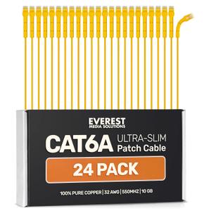 Everest Ultra Slim Cat6a Ethernet Patch Cables 7ft (24-Pack) Yellow - 10GB Cat 6a Patch Cable - Bendable, Flexible & Thin Ethernet Cable - Space Saving 32AWG 550MHZ Cat6a Cables - 100% Copper Wires