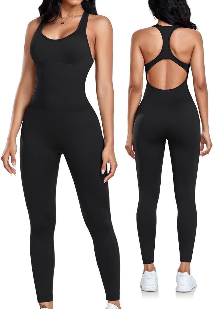 OLCHEE Womens Workout Jumpsuits Seamless Yoga Gym Bodycon Rompers Sexy Racerback Tummy Control Padded Bra Unitard (Black, S)