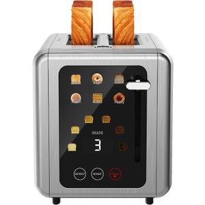 WUNLY Touch screen Toasters 2 slice, Stainless Steel Digital Timer Toaster with Sound Function, 6 Bread Types & 6 Shade Settings, Smart Extra Wide Slots Toaster with Bagel, Defrost Functions, Platinum