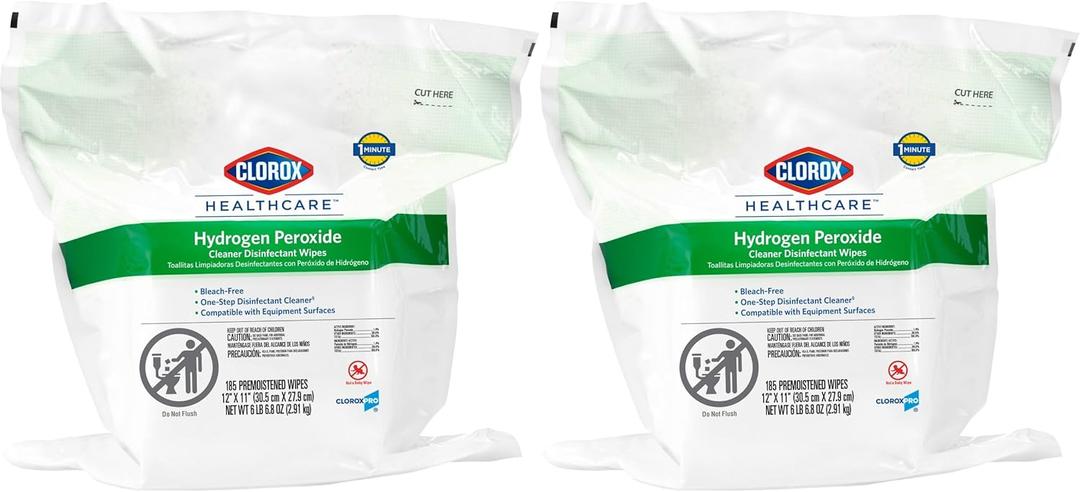 Clorox Healthcare Hydrogen Peroxide Cleaner Disinfectant Wipes, 12" x 11", Refill for Bucket, 185 Count, Pack of 2 