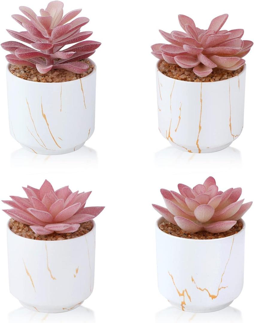 ZENIDA Succulent Artificial Plants, Cute Fake Succulents in 4 White Ceramic Pots, Small Fake Plants for Office, Table, Desk, Bathroom, Bedroom, Aesthetic Room Shelves Decor, Desk Decorations for Women Office