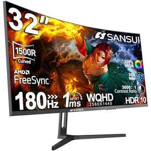 SANSUI 32-Inch Curved Gaming Monitor WQHD 2560 x 1440 180Hz Curved 1500R -1ms(OD), HDR, 300nits, sRGB 125%, DCI-P3 95%, FreeSync, HDMI x2, DP1.2x2(ES-G32C3 DP Cable Included)
