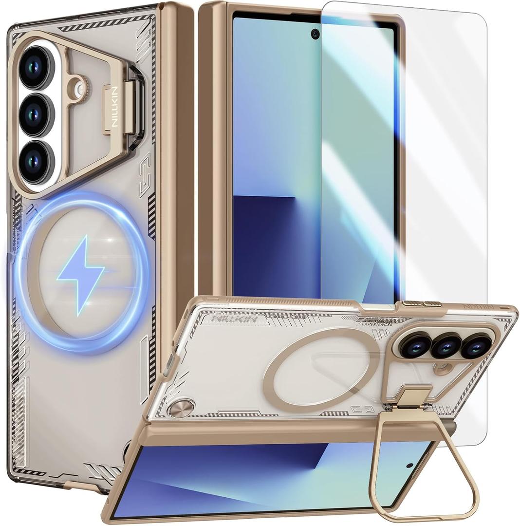 Nillkin for Samsung Galaxy Z Fold 7 Case, Compatible with MagSafe, Built-in [Screen Protector] [Hinge Protection] [Kickstand] Slim Magnetic Anti-Yellow Phone Case for Galaxy Z Fold 7 - Clear Brown