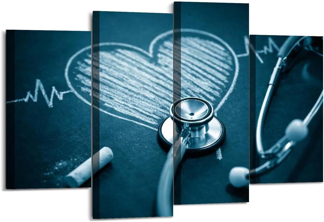 stethoscope with a heart Canvas Wall Art Hanging Paintings Modern Artwork Abstract Picture Prints Home Decoration Gift Unique Designed Framed 4 panel