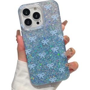 Compatible with iPhone 13 Pro Case, Cute Bow Pattern Gradient Bling Sparkly Aesthetic Transparent Shockproof Slim Durable TPU Phone Case for Women Girls - Blue