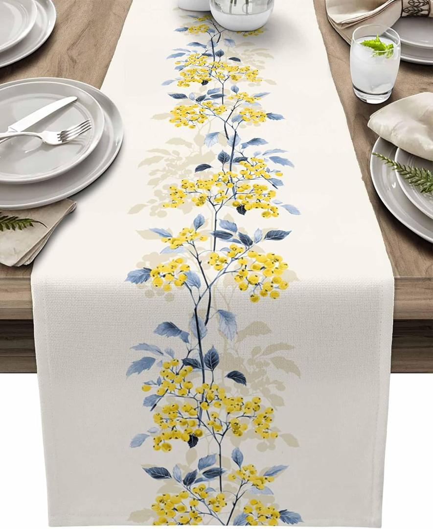 Spring Table Runner 90 Inches Long Summer Flower Wild Leaves Seasonal Runner for Tables Dining Room Blue White Yellow Floral Holiday Dinner Runner Party Table Decoration