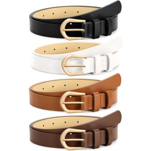 VONMELLI 4 Pack Womens Thin Leather Belt Skinny Waist Belts for Women Fashion Jeans Dress with Gold Buckle (Fit Waist Size 31"-37", Black+ Light Brown+ Dark Coffee+ White)