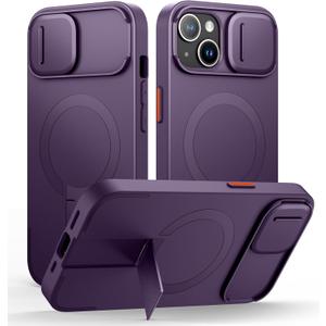SURITCH for iPhone 13/14 Case with Magnetic Camera Slide Cover and Adjustable Kickstand, Compatible with MagSafe, Shockproof Bumper Case Slim Protective Cover for iPhone 13/14 6.1 Inch, Dark Purple