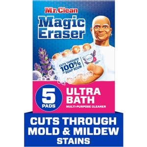 Mr. Clean Magic Eraser Sponge, Bathroom Cleaner, Shower Cleaner, Tub Cleaner, Soap Scum Remover, Bathroom Cleaning Supplies, Dawn Cleaning Power with Febreze Lavender Scent, Ultra Bath, 5ct (5 Count (Pack of 1))