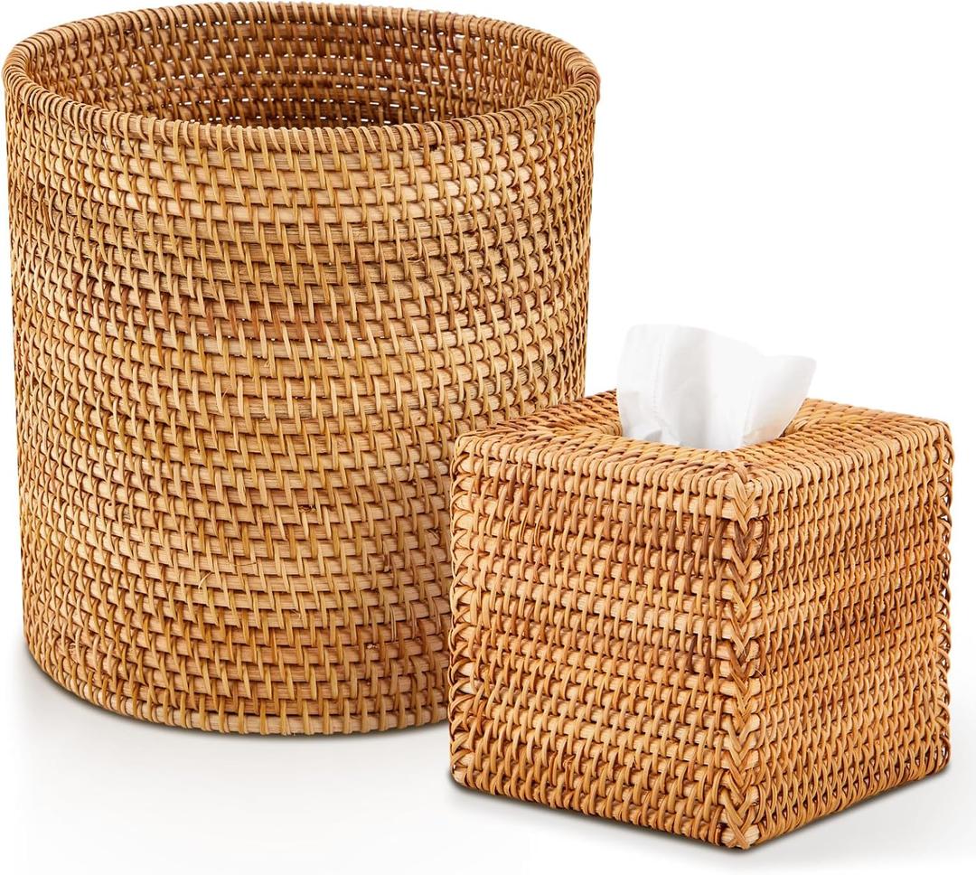 Teenyyou Log Color 2 Pcs Rattan Trash Can & Square Tissue Box Cover, Rattan Hand Woven Basket Set Wicker Bathroom Accessories for Bedroom Kitchen Office Organizer