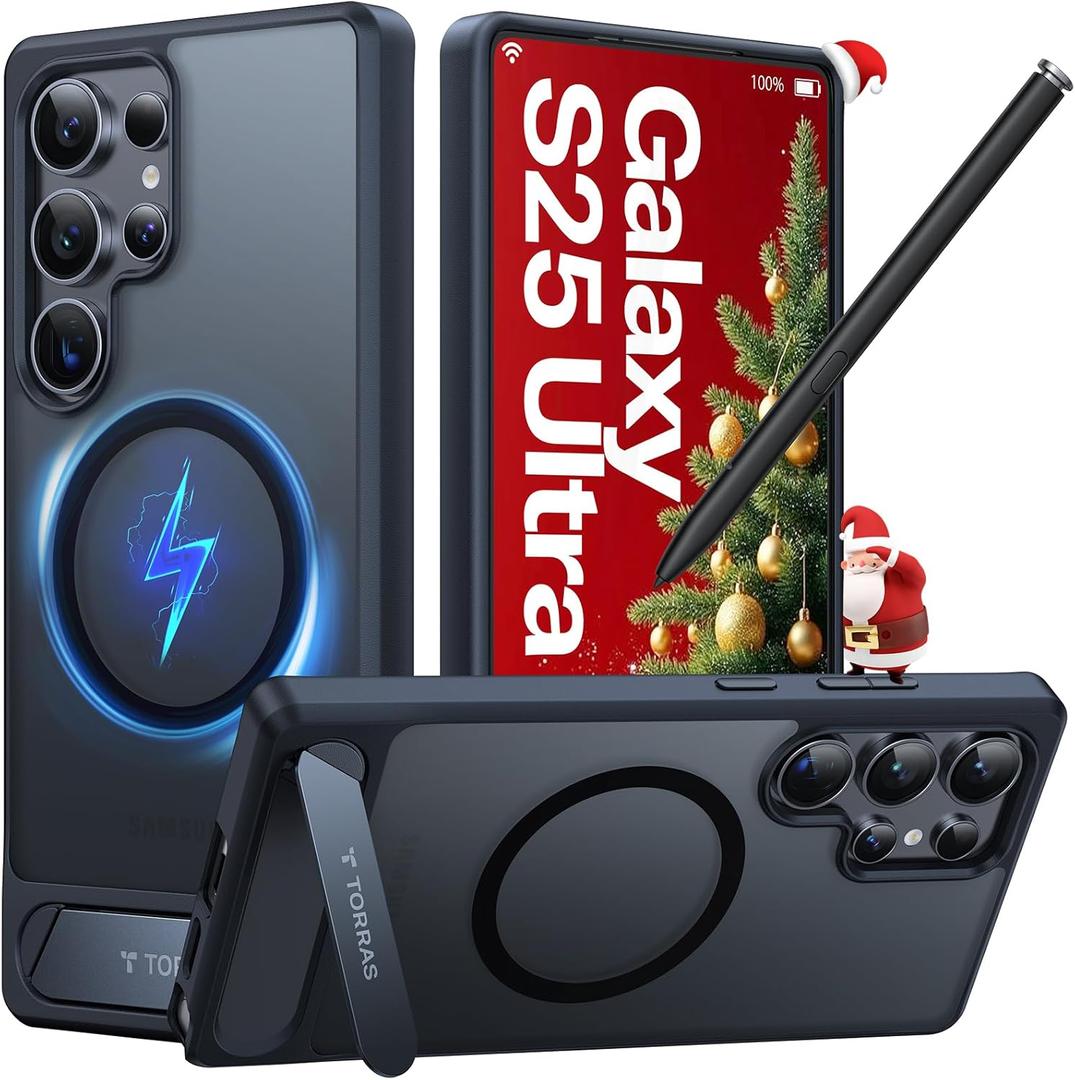 TORRAS Strong Magnetic & Seamless Stand for Samsung Galaxy S25 Ultra Case, Fit for MagSafe, Mil-Grade Drop Protection, Kickstand for Samsung Galaxy S25 Ultra Case, Translucent Back/Black Edge