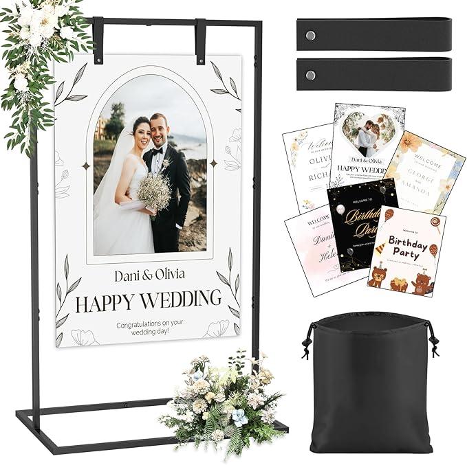 Wedding Welcome Sign Stand, Adjustable Sign Stand Includes Custom Design & Leather Sign Hanging Straps, Heavy Duty Metal Floor Standing Easel Stand, Welcome to Our Wedding Sign Holder (Black)