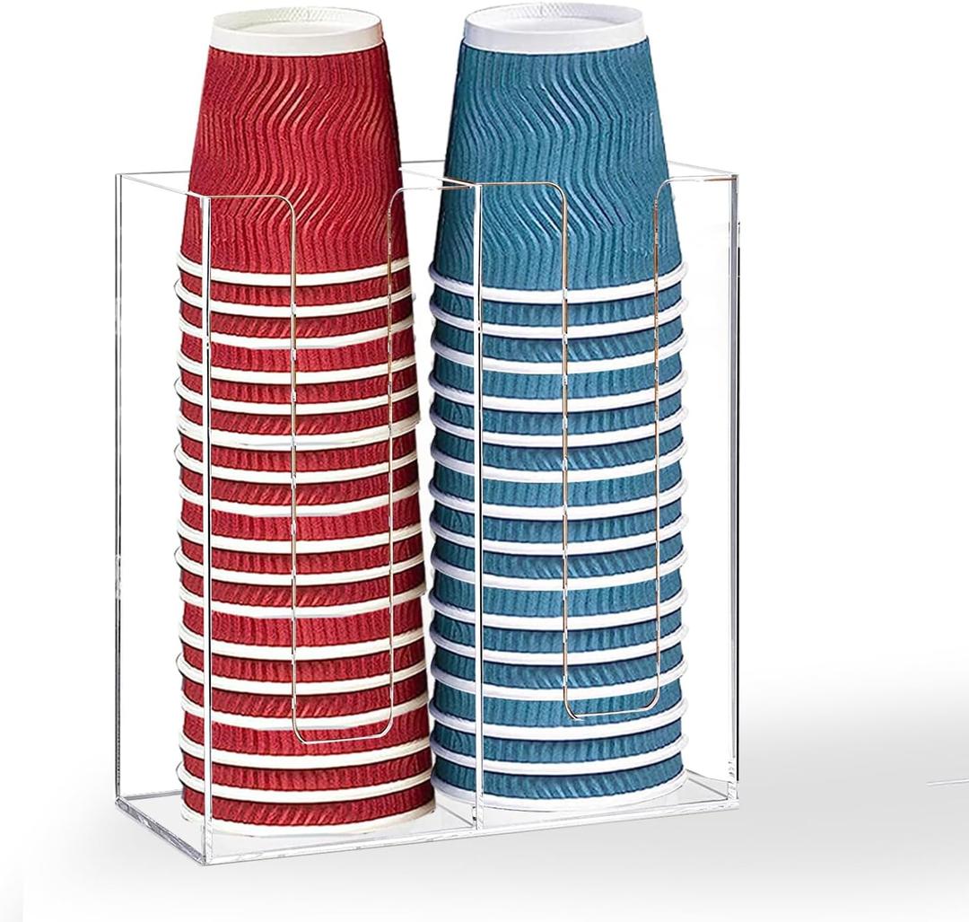Coffee Cup Dispenser for Counter, Disposable Lid Holder Organizer With 2 Compartments, Countertop or Wall Mount, Paper Cups, Straws, Coffee Bar Set Up, Bathroom Holder, Party Supplies
