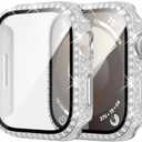 2 Pack Bling Case for Apple Watch SE 2 Series 6/5/4 SE Tempered Glass Screen Protector 40mm, Full rhinestone Diamond Hard PC Cover for iWatch Accessories,Silver, Set of 5
