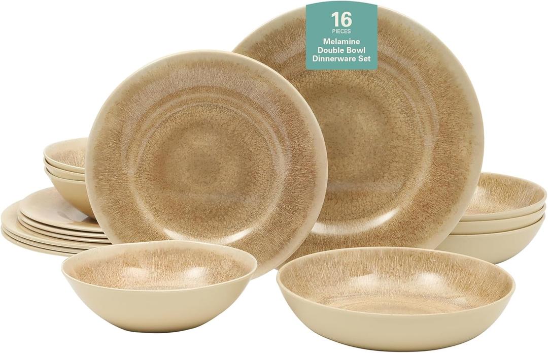 Gibson Home Casper Court 16-Piece Melamine Dinnerware Set  Beige Reactive Glaze Look Plates and Bowls, Service for 4  Top Rack Dishwasher Safe Everyday Dining Set