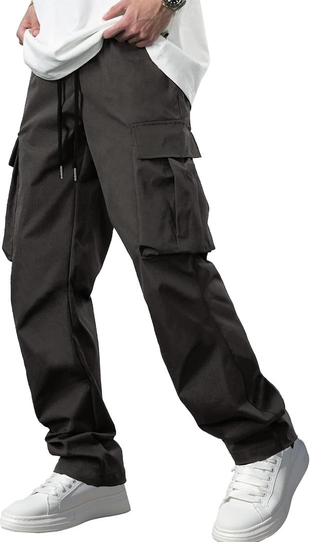 Comdecevis Men's Casual Cargo Pants Workout Joggers Stretch Sweatpants Hiking Drawstring Tactical Pants with Multi Pockets (X-Large, Dark Grey)