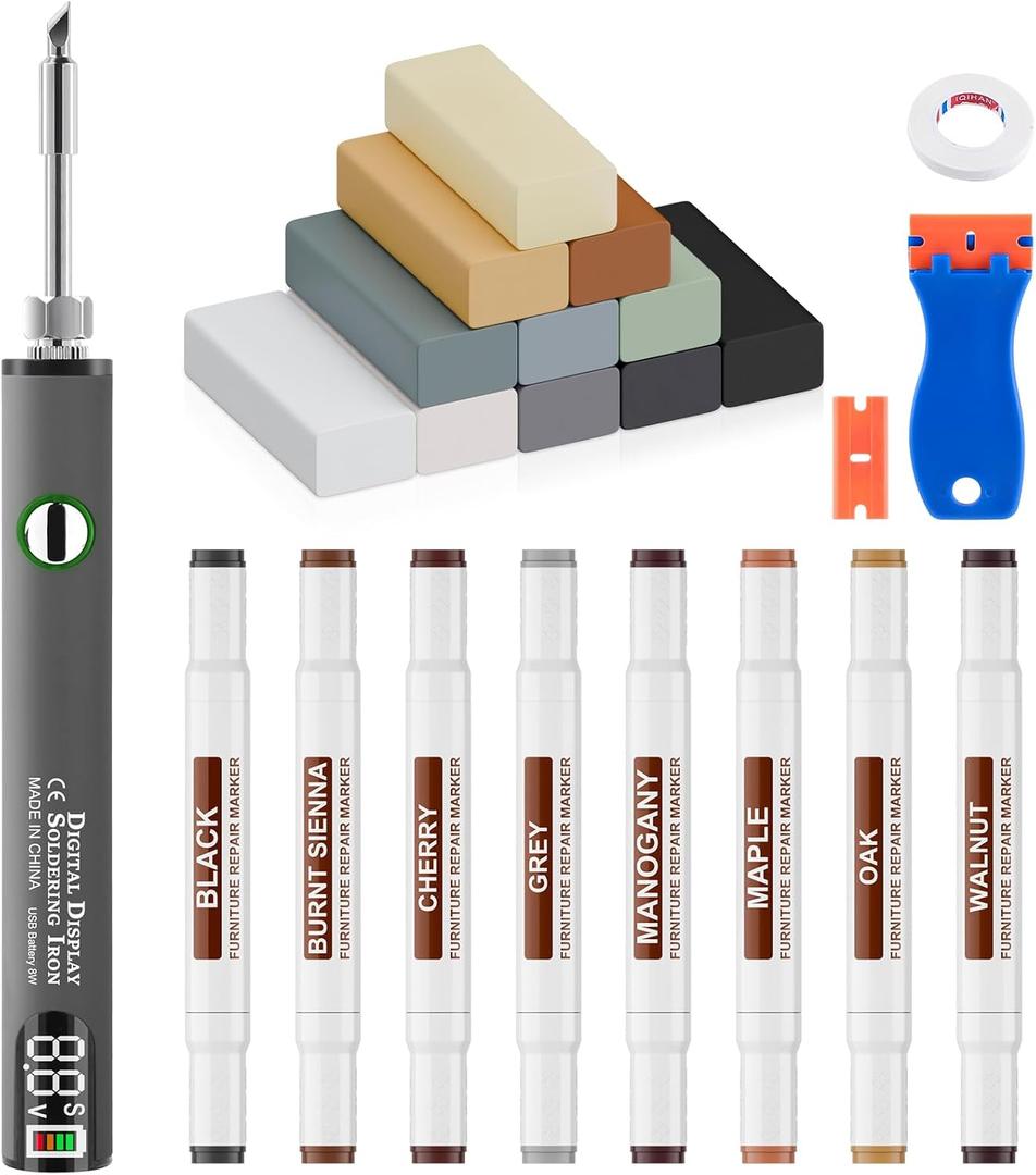 Laminate Vinyl Wood Floor Scratch Repair Kit with Heat Pen  11 Colors Grey Hardwood Wax Sticks & 8 Colors Dual Tip Furniture Markers Touch up, Linoleum Restoration Wax Melting Tool Set
