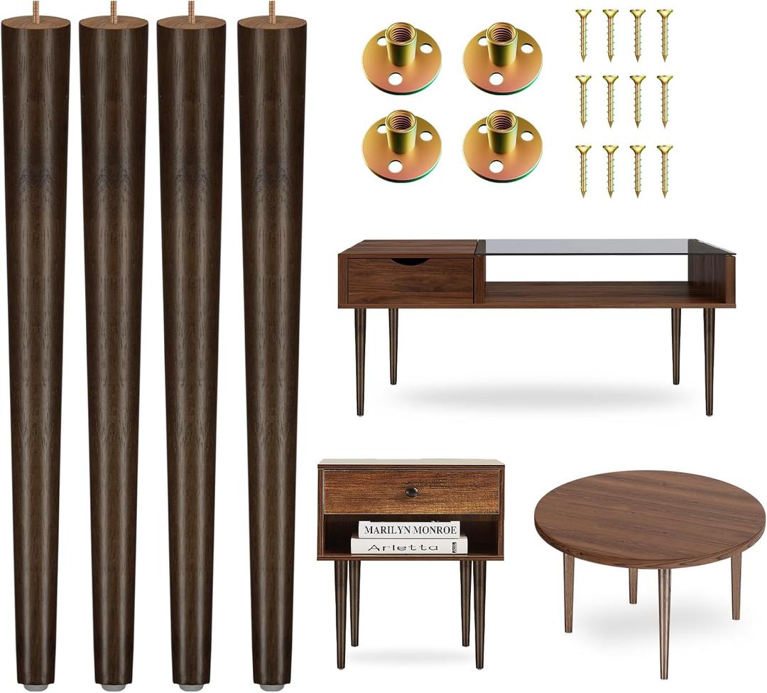 Yes4All Round Brown Wood Table Legs 16 Inches - Mid Century Replacement Feet for Coffee Table, End Table - Stable Rubber Wood Parts for Nightstand with Glides, Walnut, Set of 4