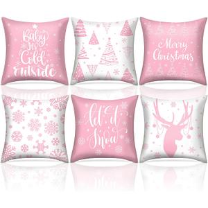 6 Pcs 18 x 18 inch Christmas Throw Pillow Covers Xmas Cushion Covers Pillow Cases Snowflake Winter Throw Pillow Covers Christmas Decor for Bedroom Sofa Couch Cushion Square Home (Pink)