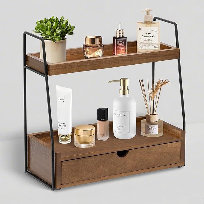 2-Tier Bathroom Organizer Countertop with Drawer, Wood Counter Organizer for Bathroom Decor, Sink Shelf for Vanity Storage, Makeup Tray for Perfume Skincare Bedroom Kitchen Corner 