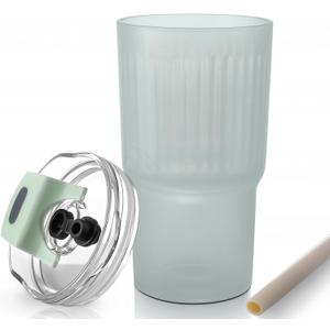 Iced Coffee Cups with Lids: Coffee Bar Accessories - Ribbed Glass Tumbler with Silicone Straw and Lid - 20oz Leak Proof Reusable Glass Cups and Tumblers with Lid and Silicone Straws(1Pcs-Blue)