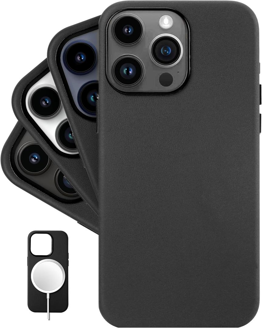 LONLI Classic - (for iPhone 15 Pro Max) - European Nappa Leather Phone Case - Smoothen and Soften Over Time - Compatible with Magsafe - Black