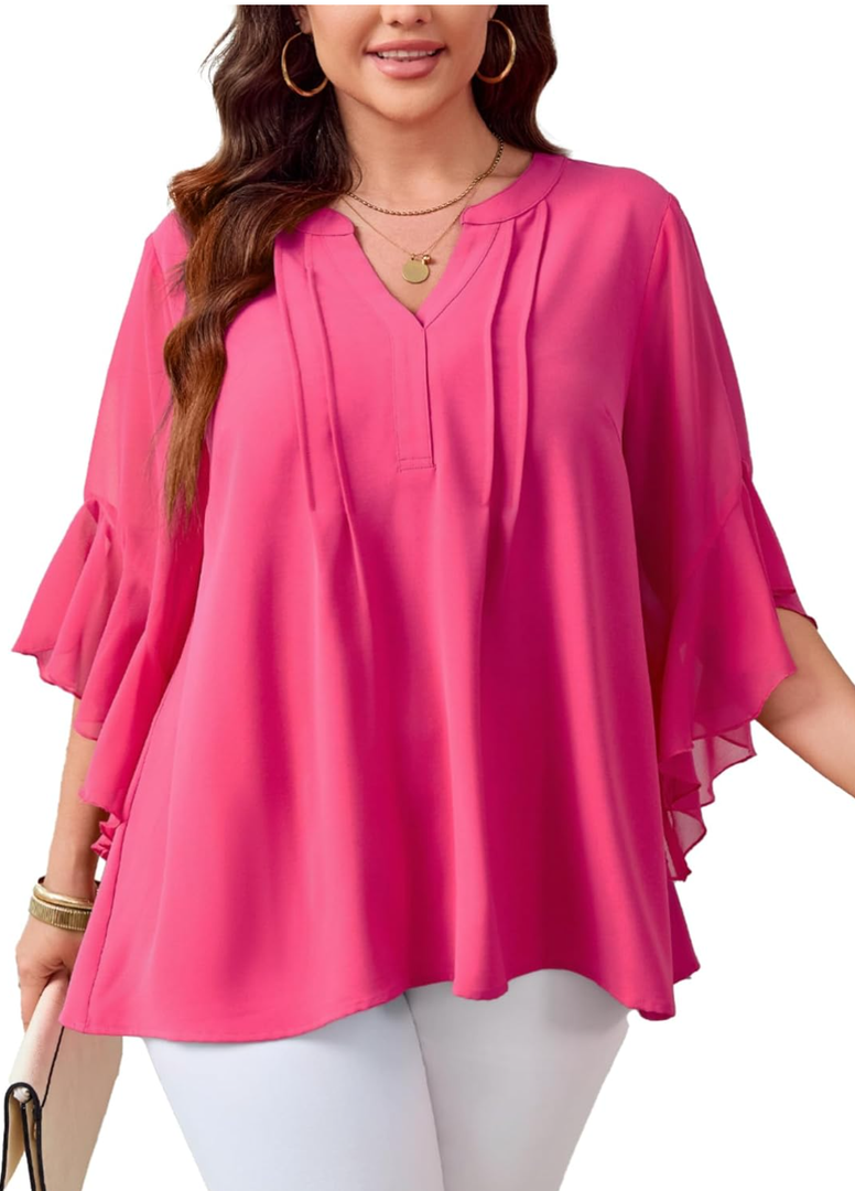 SCOMCHIC Women's Plus Size Blouse 3/4 Sleeve V Neck Chiffon Dressy Casual Shirts Business Work Office Tunic Tops, Size: 3XL