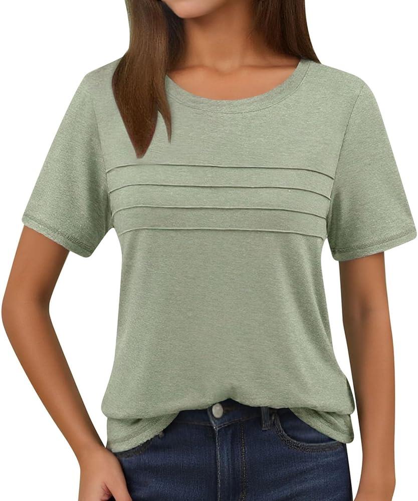 AUTOMET Women's Summer Short Sleeve Shirts Trendy T-Shirts Dressy Casual Blouses 2026 Crew Neck Tunic Beach Fashion Tops, LightGreen, Size S 
